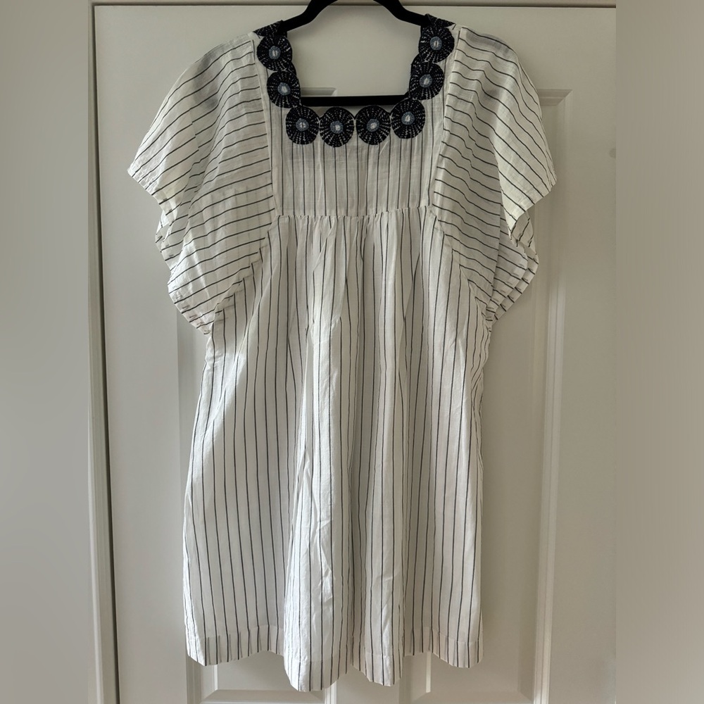 Madewell Linen Embroidered Butterfly Dress SZ XS White Navy Pinstripe - Picture 6 of 15